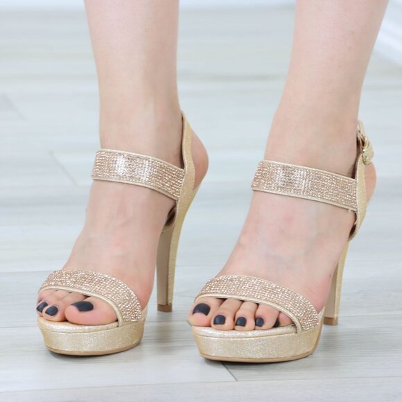 Sparkly Rhinestone Glitter Champagne Platform Ankle Bracelet Open Toe High Heel - Picture 2 of 14